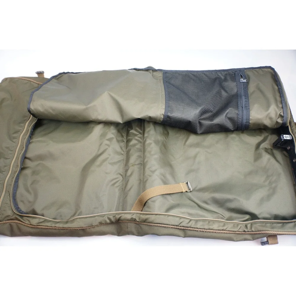 G.H. Bass Garment Bag Green Canvas Leather Trim Folding Travel Luggage Good